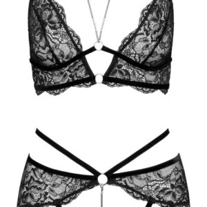 Bralette plus Straps-String ouvert aus Spitze mit Samtdetails